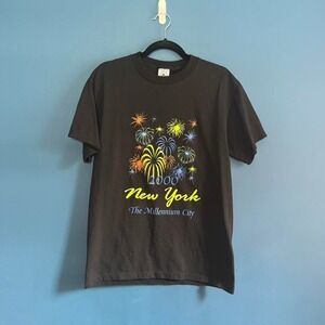 Y2K NYC Tee Men's Size‎ Medium Fireworks Delta Pro Weight Black Millenium Party